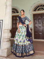 Thumbnail for Vastranavya Exquisite Tussar Silk Lehenga Set With Perfect Floral And Patola Print Design Lehenga Choli - Navy Blue - Distacart