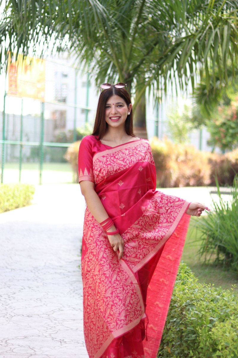 Aastha Fashion Rani Pink Woven Handloom Raw Silk Saree with Blouse - Distacart
