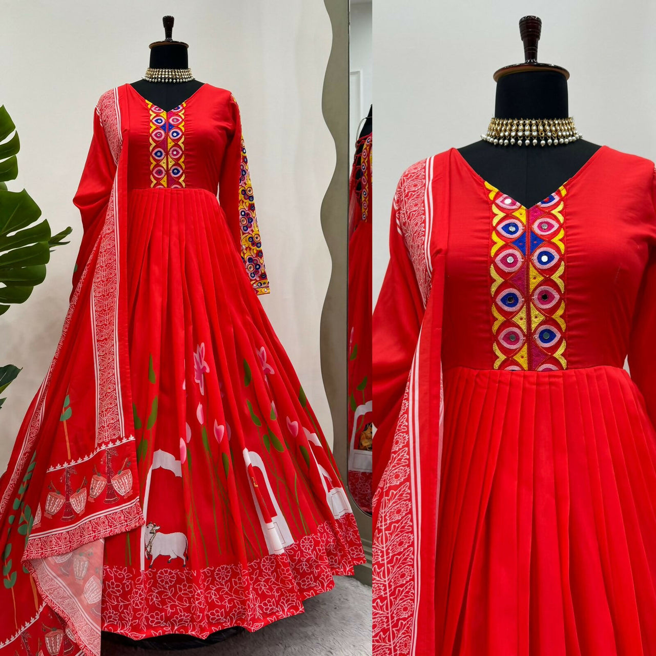 Preksha Creation Navratri Special Women Gown Digital Print With Real Mirror Work With Dupatta - Red