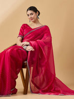 Thumbnail for Pink Organza Swaroski Diamond Work Saree with Unstitched Blouse - Radha - Distacart