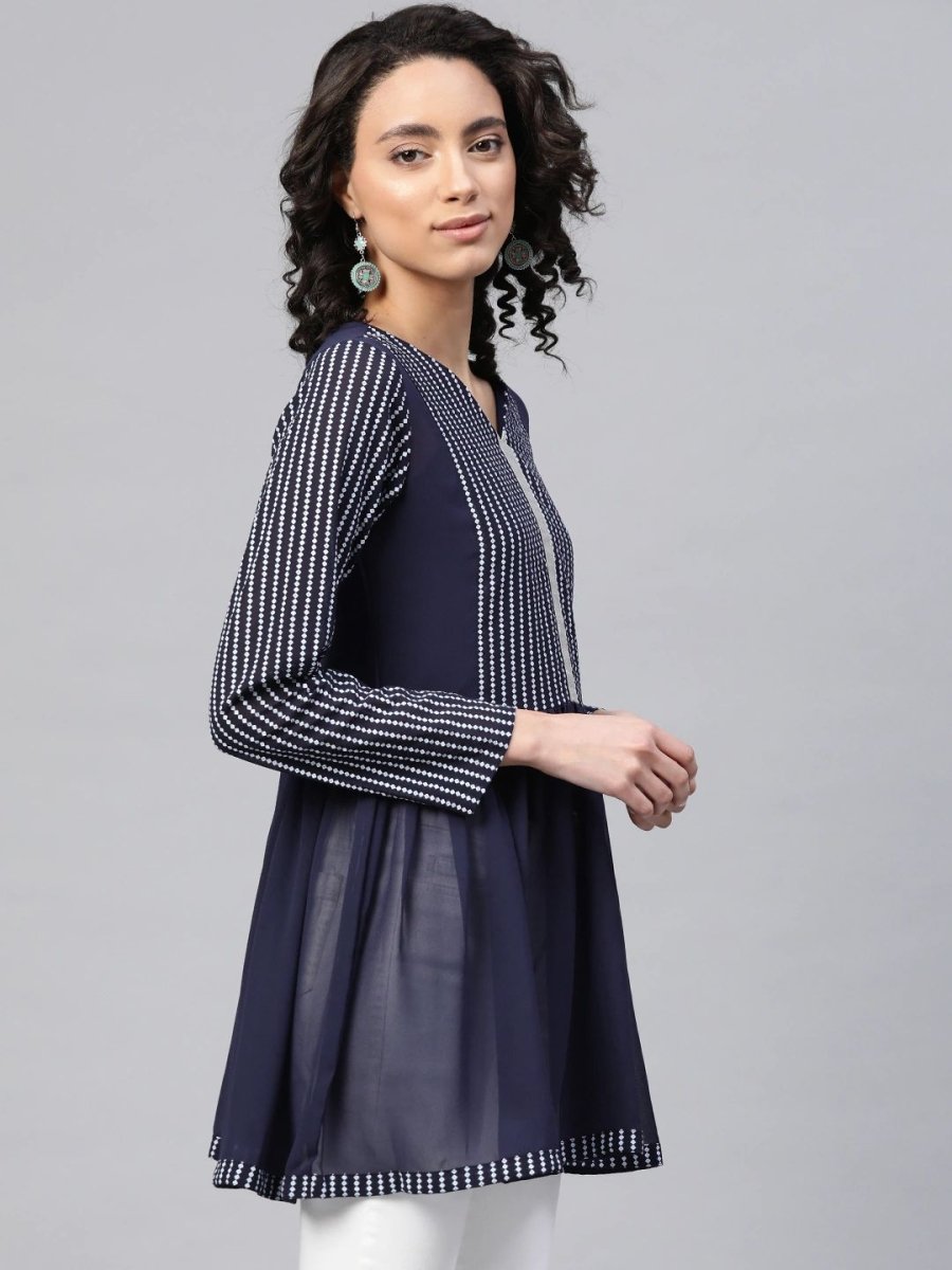 Ahalyaa Women Navy Blue Georgette Khari Print Tunic