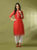 Thumbnail for Myshka Women's Red Printed Cotton Blend Straight Party Kurta Set - Distacart