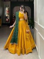 Thumbnail for Vastranavya Navaratri Special Pure Cotton Plain With Gotta Patti Touch Up Lehenga Stitched Choli - Mustard - Distacart