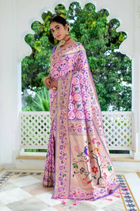 Thumbnail for Aastha Fashion Baby Pink Woven Paithani Silk Saree with Blouse - Distacart