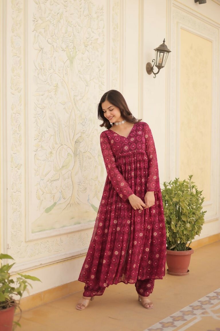 Aastha Fashion Magenta Faux Georgette Printed Gown With Pant