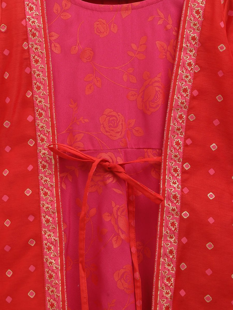 Ahalyaa Dark Pink Crepe Khari Print kids Dress Attached Jacket For Girls - Distacart