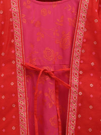 Thumbnail for Ahalyaa Dark Pink Crepe Khari Print kids Dress Attached Jacket For Girls - Distacart