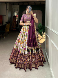 Thumbnail for Vastranavya Exquisite Tussar Silk Lehenga Set With Perfect Floral And Patola Print Design Lehenga Choli - Wine