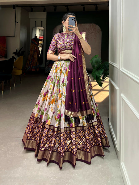 Vastranavya Exquisite Tussar Silk Lehenga Set With Perfect Floral And Patola Print Design Lehenga Choli - Wine