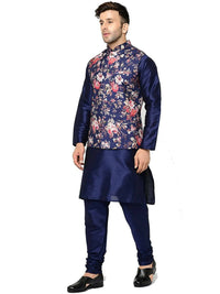 Thumbnail for ABH Lifestyle Men's Silk Navy Blue Kurta Pyjama & Printed Nehru Jacket - Distacart