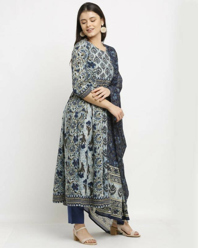Aastha Fashion Women's Navy Blue Cotton Printed Kurta with Trouser & Dupatta - Distacart