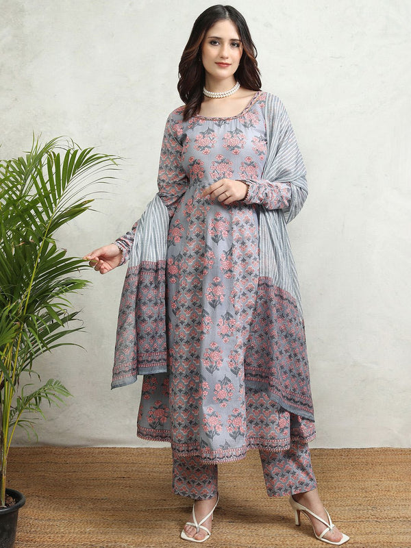 Vishudh Women Floral Printed Regular Pure Cotton Kurta with Trousers & With Dupatta - Distacart