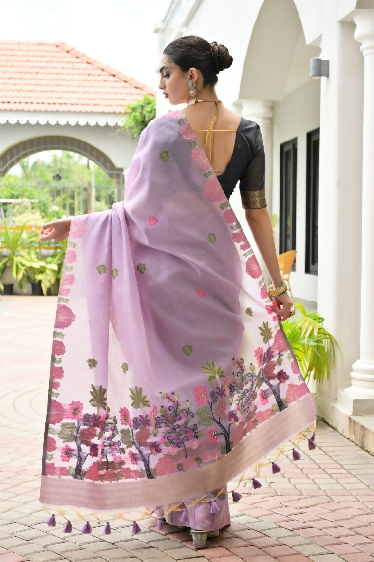 Vishnu Weaves Women's Lavender Muga Cotton Thread Weaving Saree with Blouse