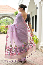 Thumbnail for Vishnu Weaves Women's Lavender Muga Cotton Thread Weaving Saree with Blouse