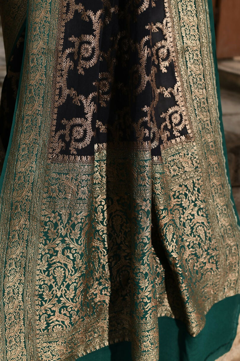 Joban Fashion Navy Blue Crepe Chiffon Pure Handloom Banarasi Silk Saree