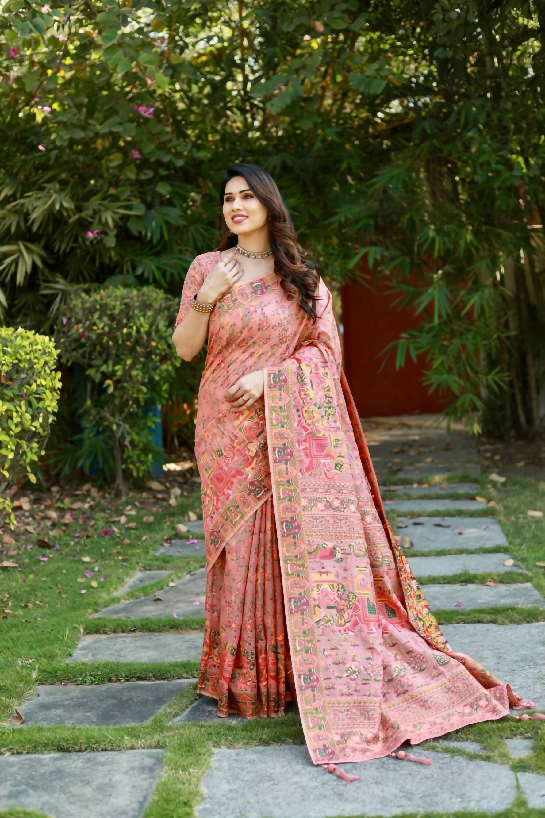 Vastranavya Luxury and Beautiful Soft, Smooth, Flowing Original Pashmina Soft Cotton Saree with Matching Blouse Fabric - Peach - Distacart