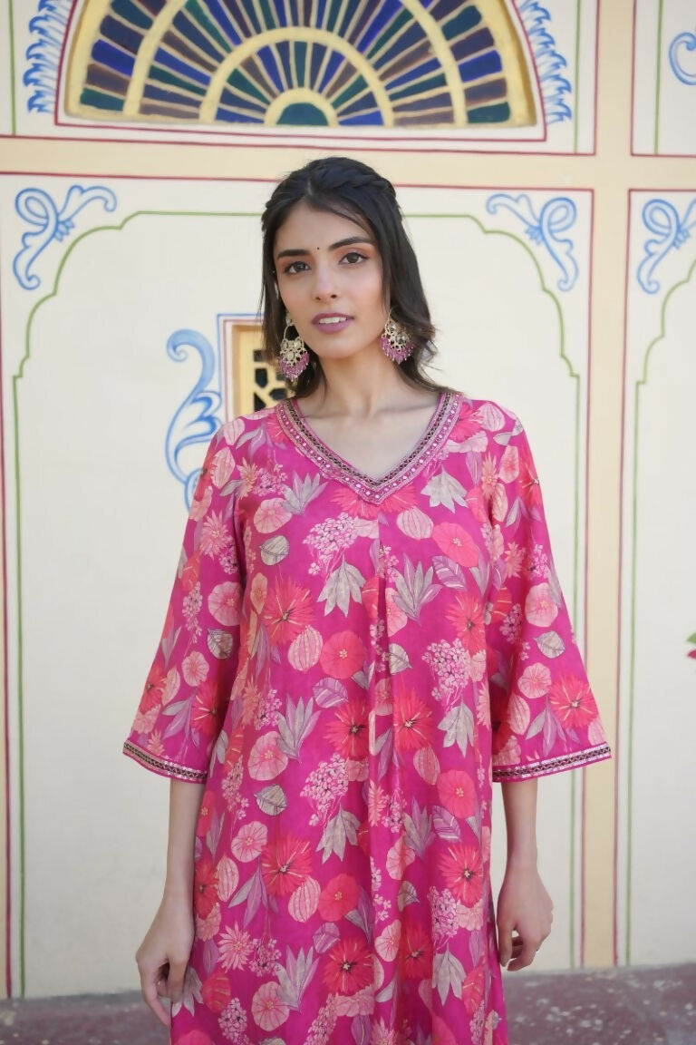 Vaasva Women Pink Muslin Pleated Kurta & Pant Clothing Set - Distacart