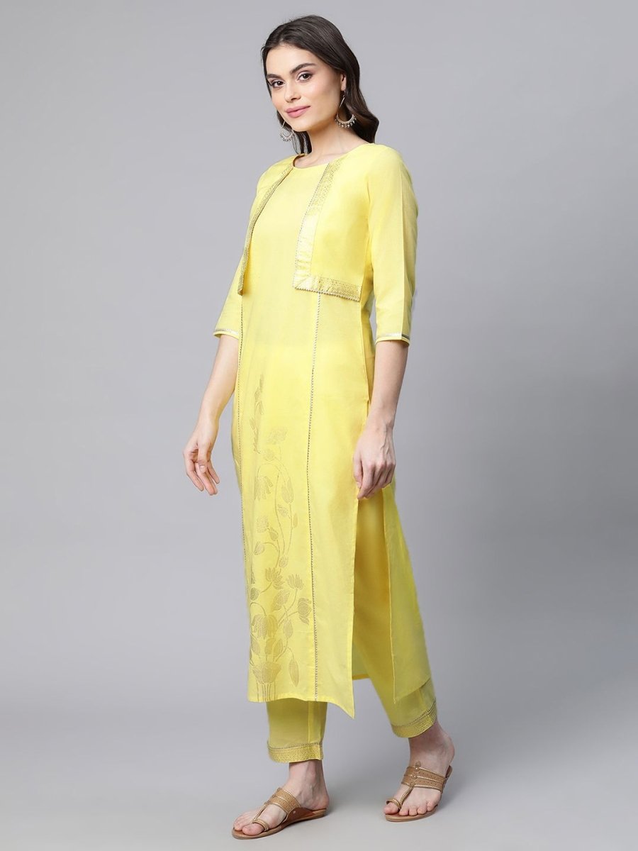 Ahalyaa Women Yellow Pure Cotton Printed Floral Kurta With Trousers - Distacart