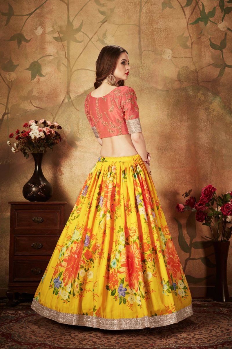 Aastha Fashion Women's Yellow Digital Printed Organza Silk Wedding Lehenga Choli With Orange Blouse - Distacart