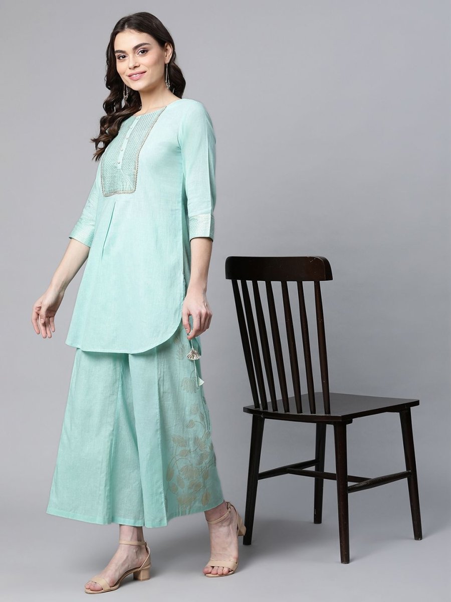 Ahalyaa Women Teal Pure Cotton Gold Foil Printed Pakistani Style Kurta Palazzo Set - Distacart