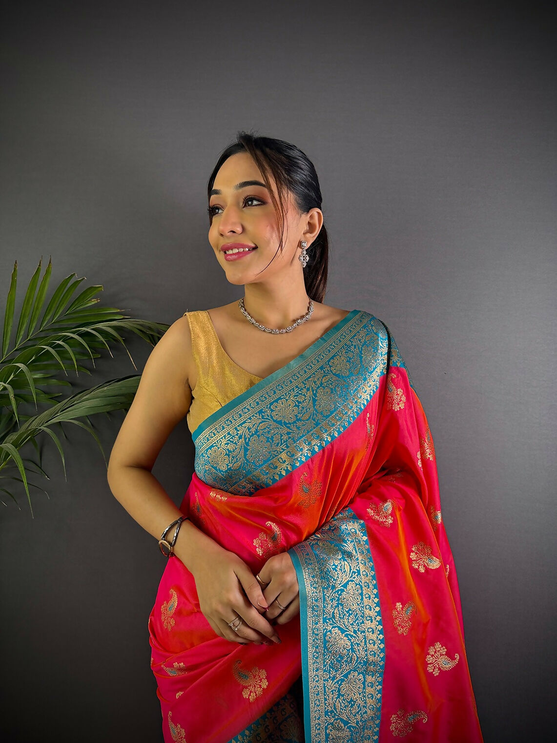 Joban Fashion Banarasi Hot Pink Woven Butti Soft Silk Saree