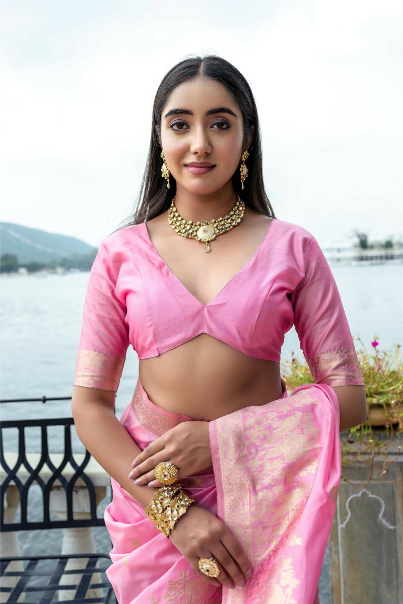 Aastha Fashion Pink Woven Soft Silk Saree with Blouse - Distacart