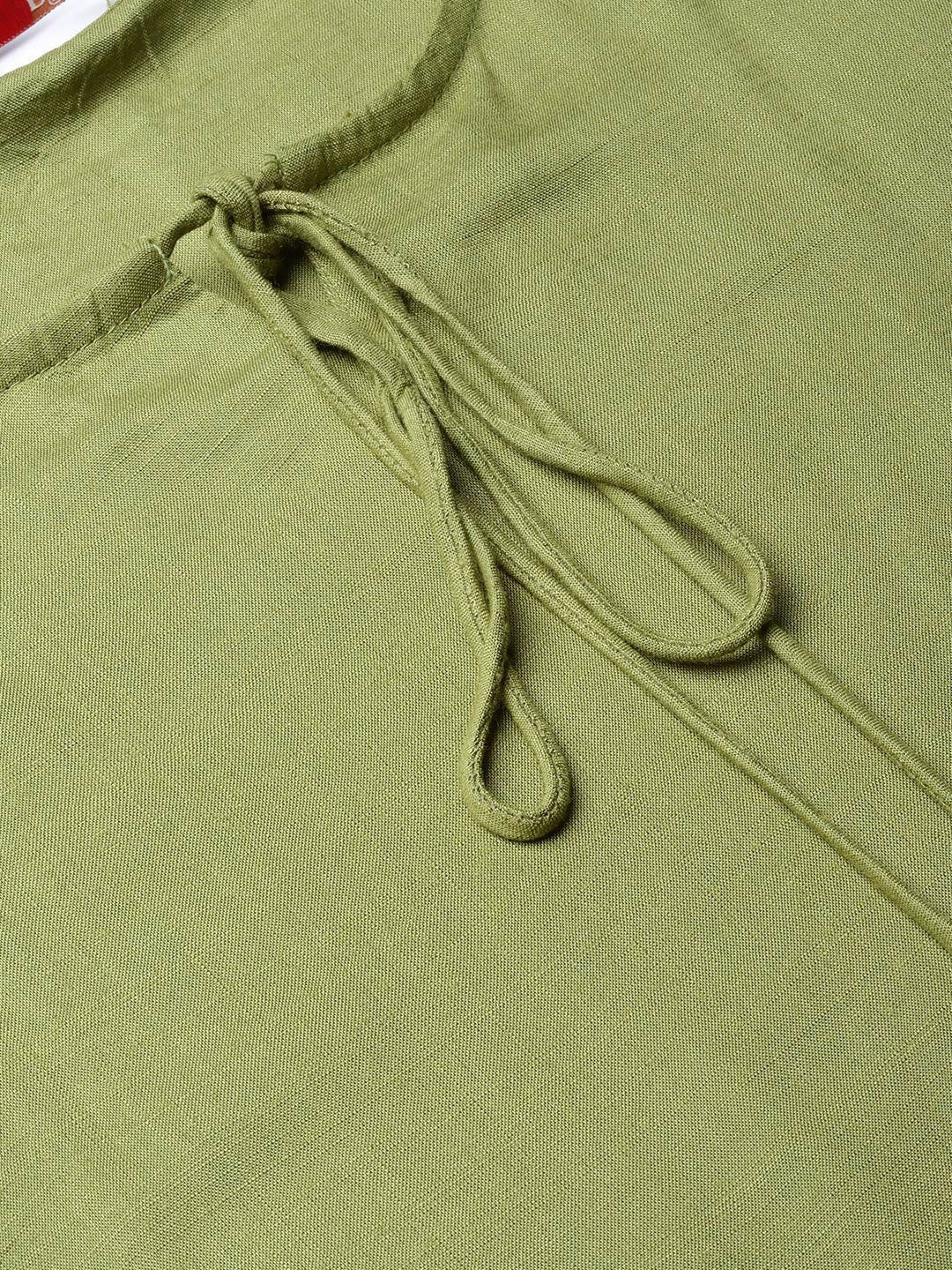 Juniper Olive Rayon Slub Solid Asymmetric Kurta with Tie-up Dori & Tassels - Distacart