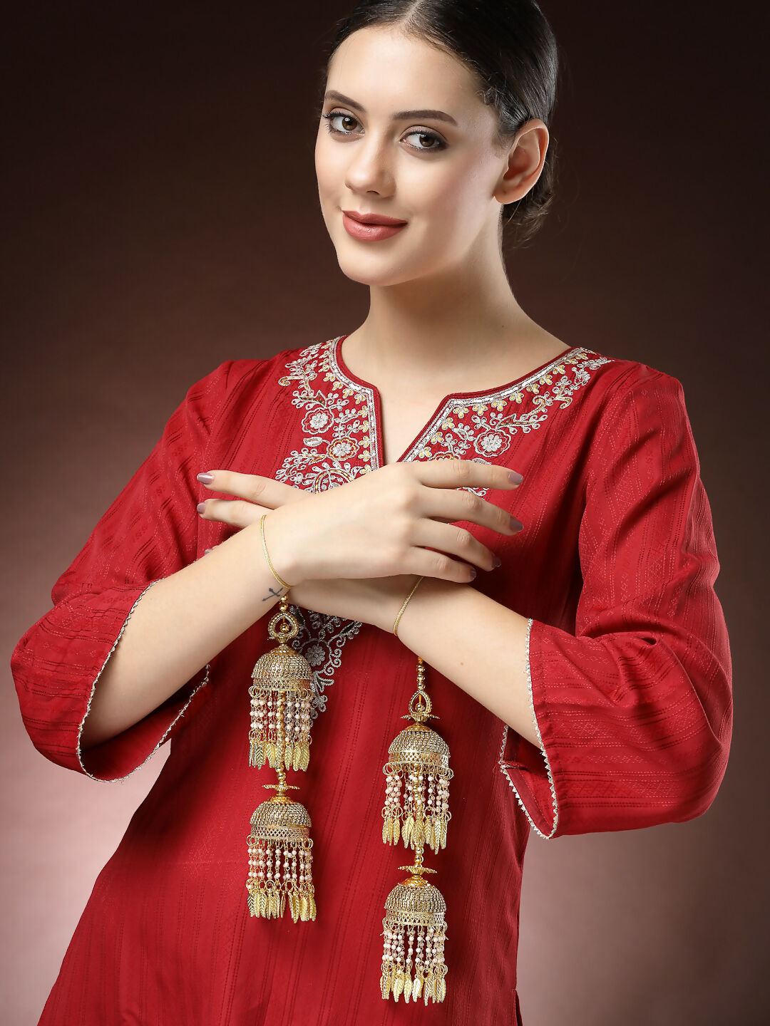 NVR Women's Pack Of 2 Gold- Plated Stone Studded Bridal Layered Kaleera Sets