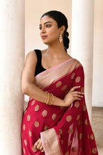 Thumbnail for Joban Fashion Red Crepe Chiffon Pure Handloom Banarasi Silk Saree