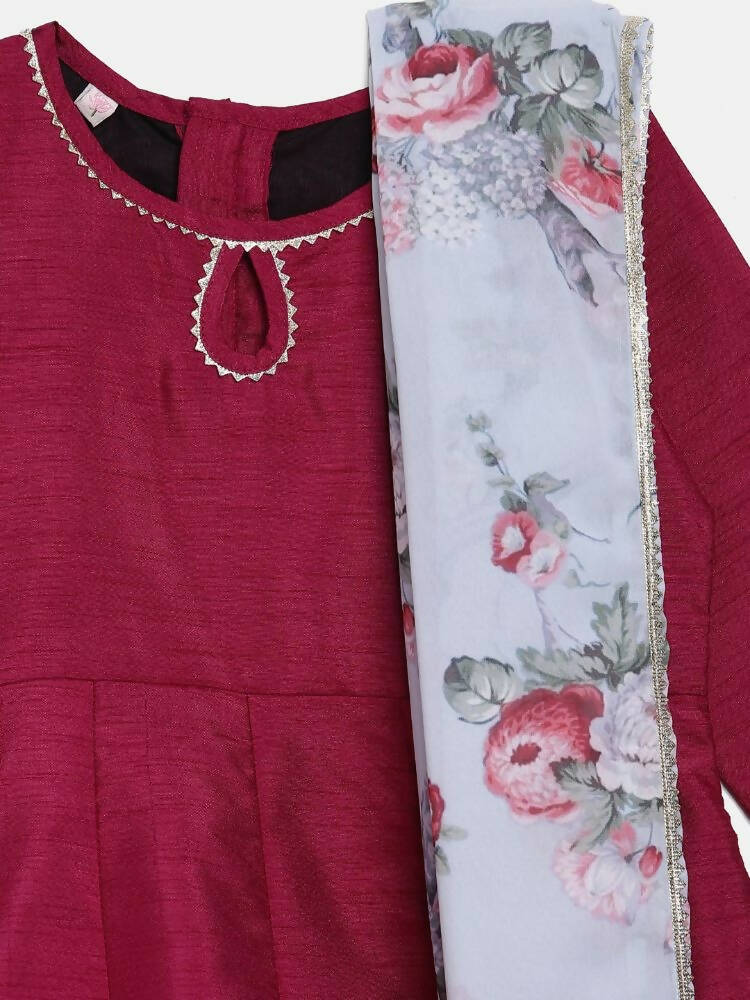 Ahalyaa Wine Poly Silk Curved Kids Kurta Palazzo Set With Bottom For Girls - Distacart