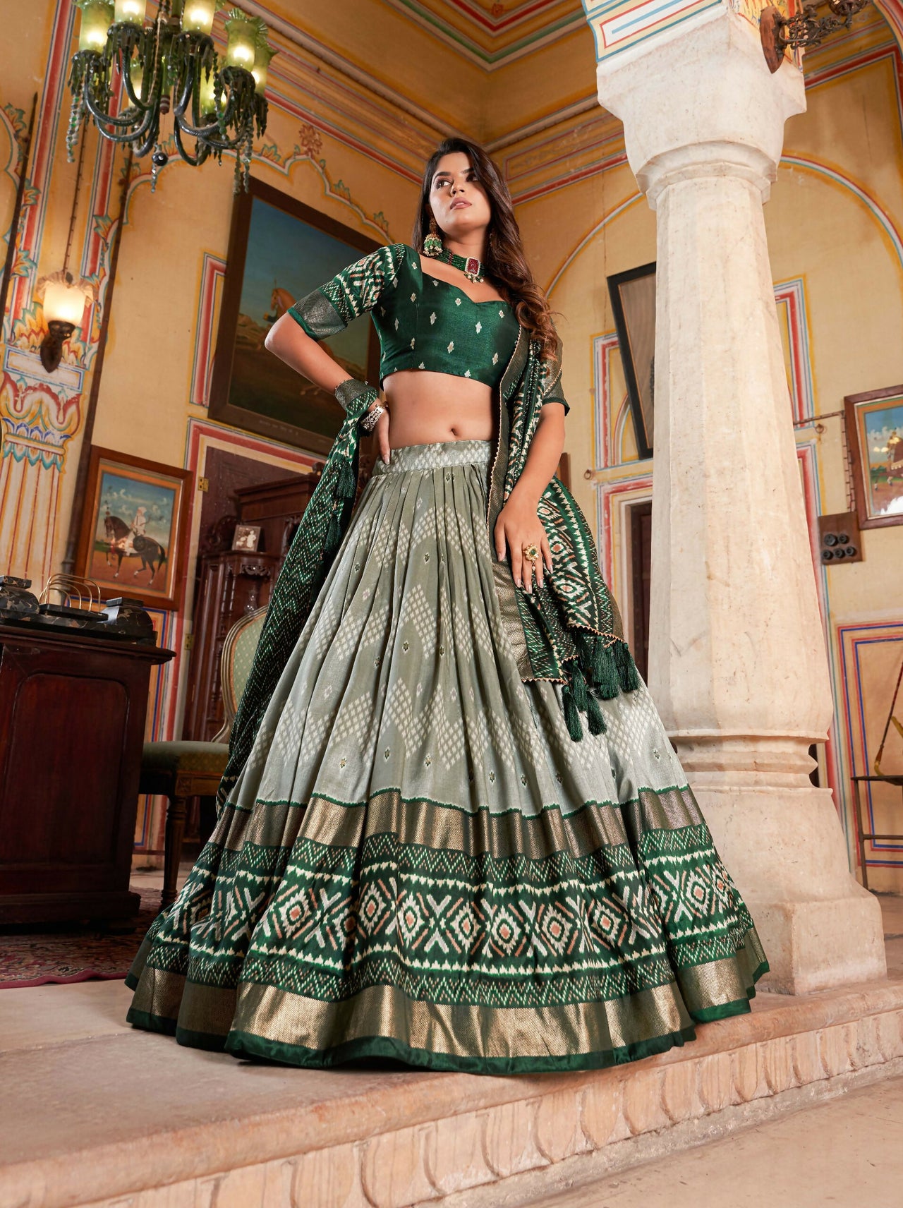 Vastranavya Occasionaly Tussar Silk Dot And Ikkat Print With Foil Work Lehenga Choli - Green