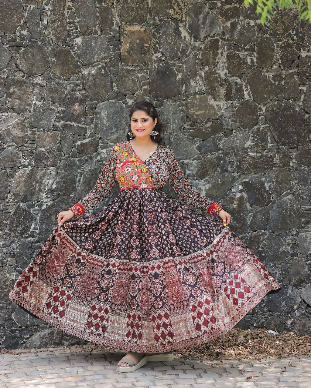 Preksha Creation Exclusive For Navratri Wear Rayon Printed With Mirror Work Gown - Black