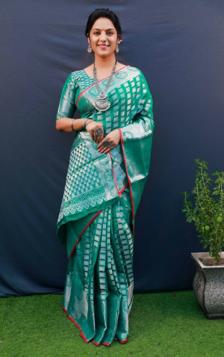 Aastha Fashion Teal Woven Kanchipuram Silk Saree with Blouse - Distacart