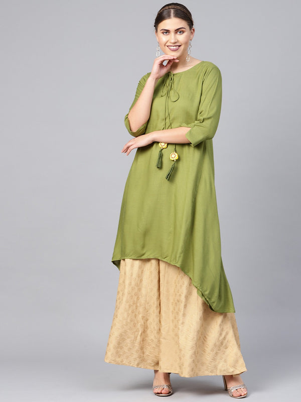 Juniper Olive Rayon Slub Solid Asymmetric Kurta with Tie-up Dori & Tassels - Distacart