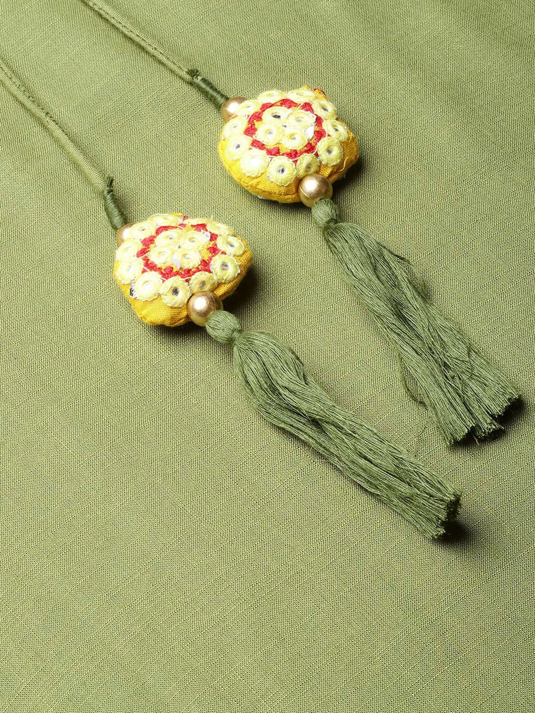 Juniper Olive Rayon Slub Solid Asymmetric Kurta with Tie-up Dori & Tassels - Distacart