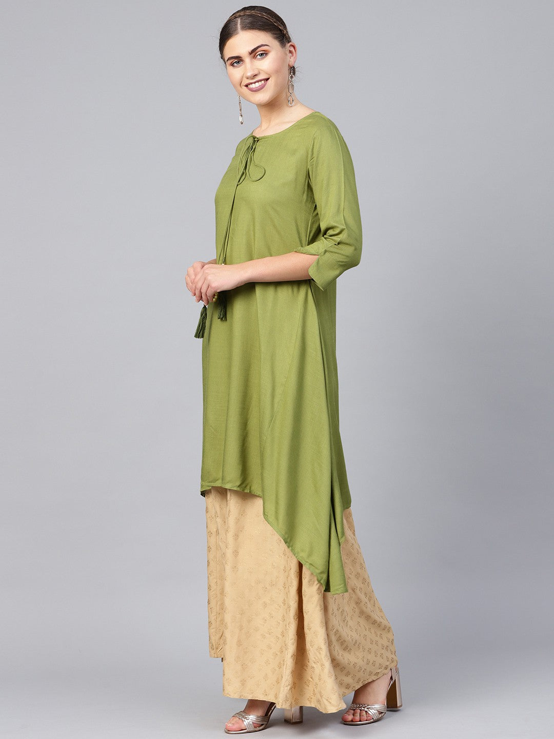 Juniper Olive Rayon Slub Solid Asymmetric Kurta with Tie-up Dori & Tassels - Distacart