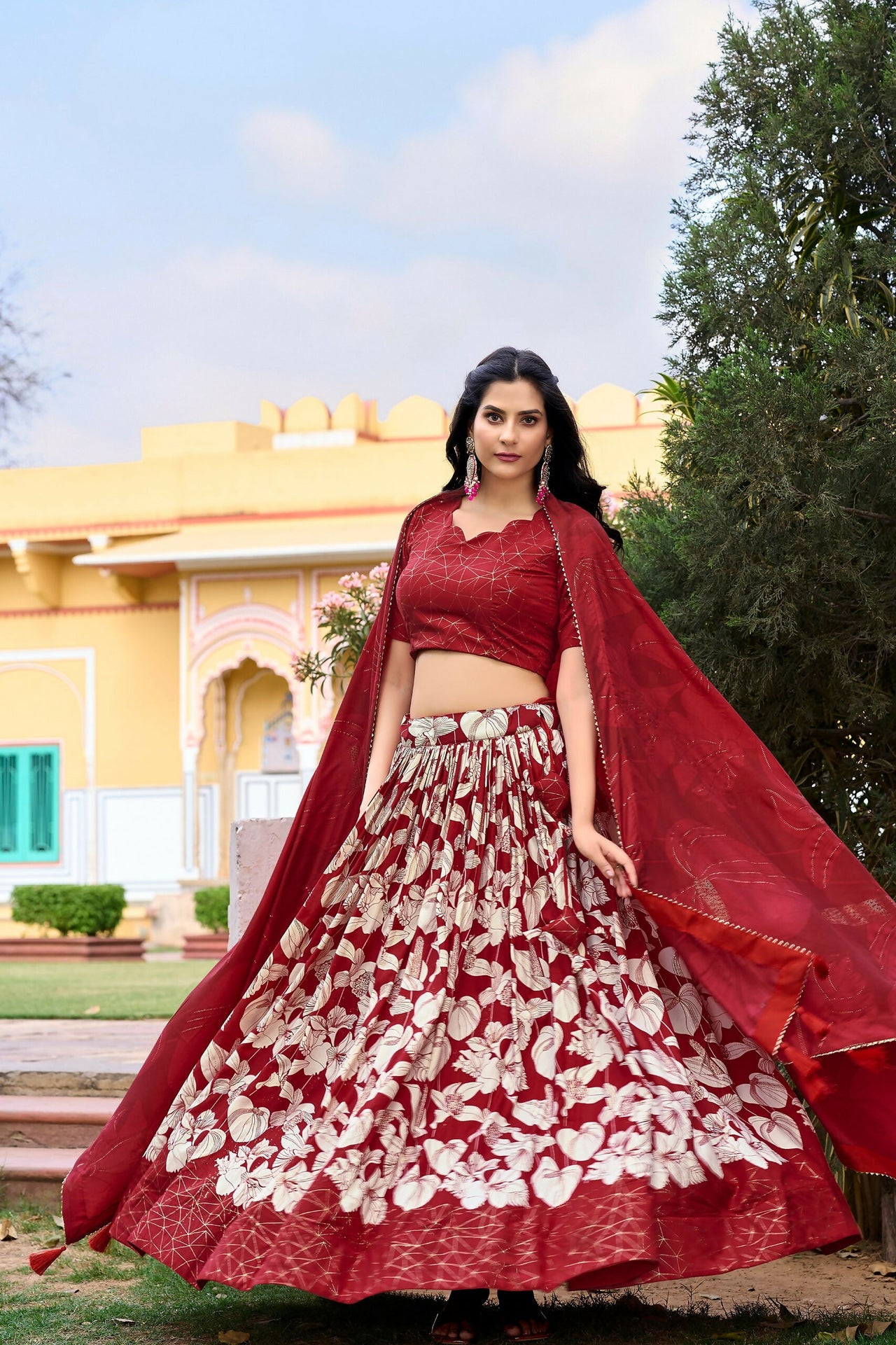 Vastranavya Ethnic Look Tussar Silk Floral Printed With Foil Work Indian Lehenga Choli - Red