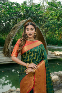 Thumbnail for Aastha Fashion Bottle Green Woven Kanchipuram Silk Saree with Blouse - Distacart