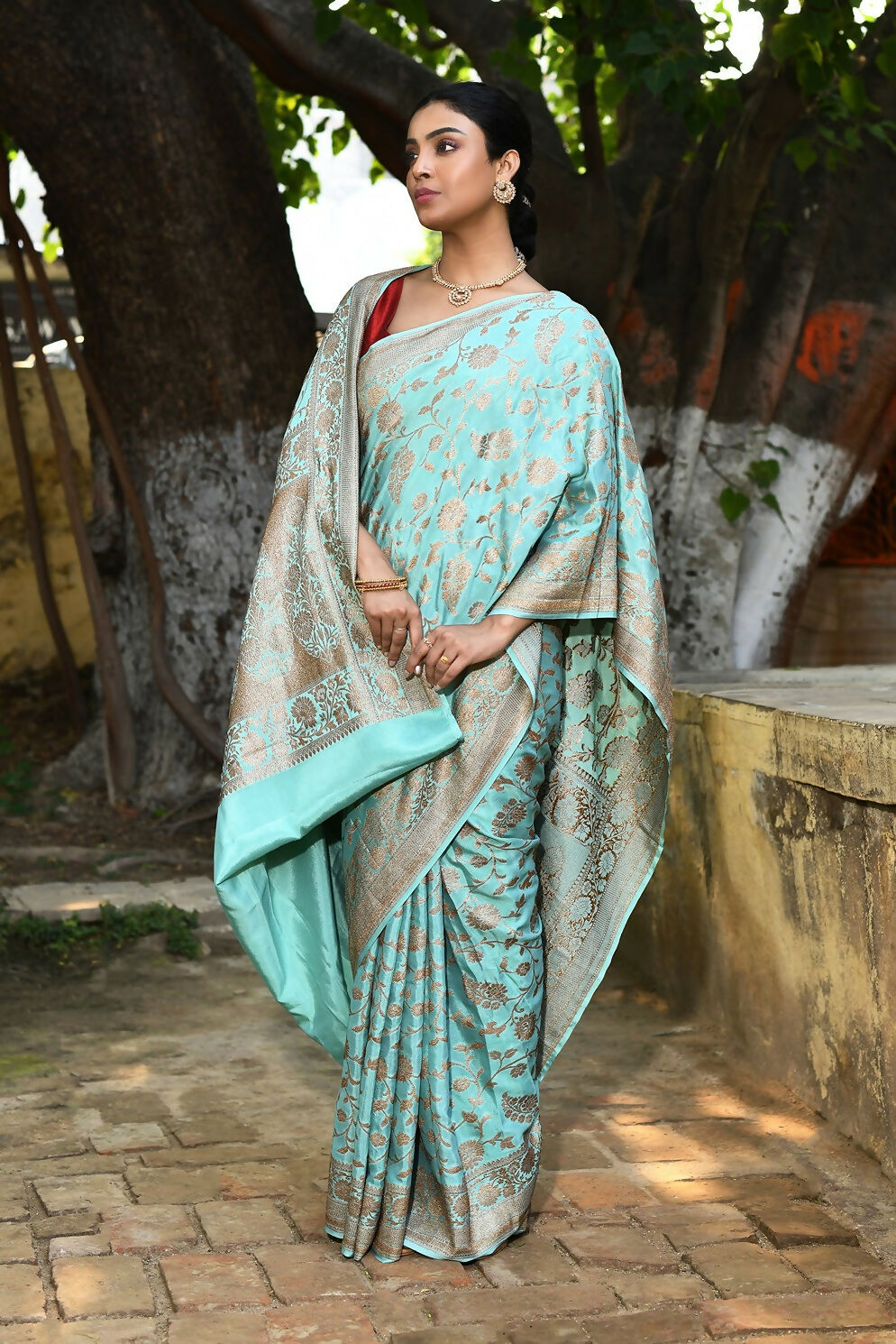 Joban Fashion Aqua Crepe Chiffon Pure Handloom Banarasi Silk Saree