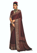 Thumbnail for Joban Fashion Maroon Art Silk With Fine Viscose Border Ajrak Full Body Print With Soft Finish Saree