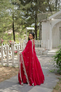 Thumbnail for Aastha Fashion Women's Rani Pink Faux Georgette Frill Work Anarkali Dress with Dupatta - Distacart