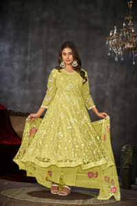 Thumbnail for Jyoti Fashion Women's Yellow Net Embroidered Anarkali Kurta Pant Set With Dupatta