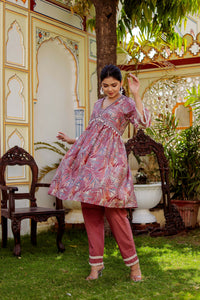 Thumbnail for Vaasva Women Brown Muslin Floral Print Alia cut Kurta & Pant (Cord set) - Distacart