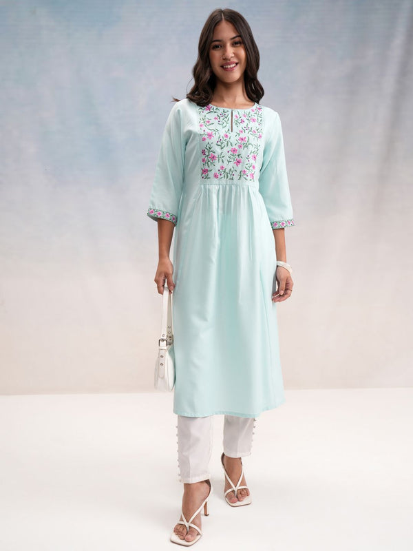 Vishudh Blue Floral Embroidered Keyhole Neck A-Line Straight Kurta - Distacart