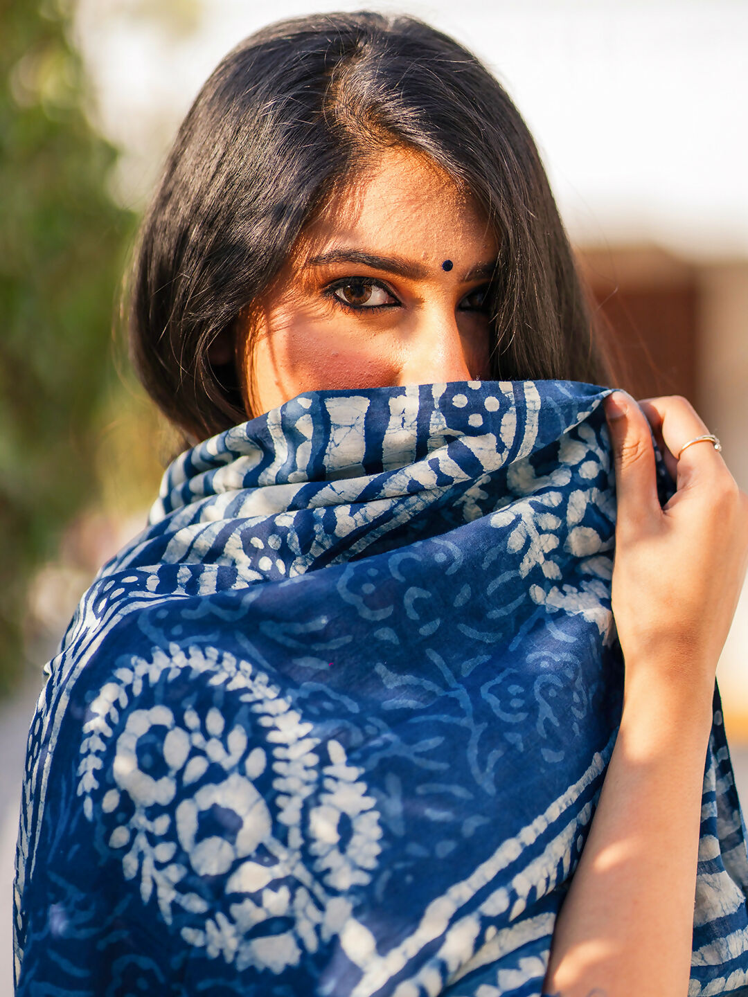Zibaa Hand-Blocked Pure Mul Cotton Indigo Saree