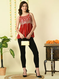 Thumbnail for Myshka Women's Red Embroidered Party Fusion Top - Distacart