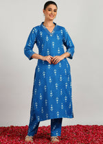 Thumbnail for Aavyora Women's Blue Ikat Printed Ethnic Co-ord Set