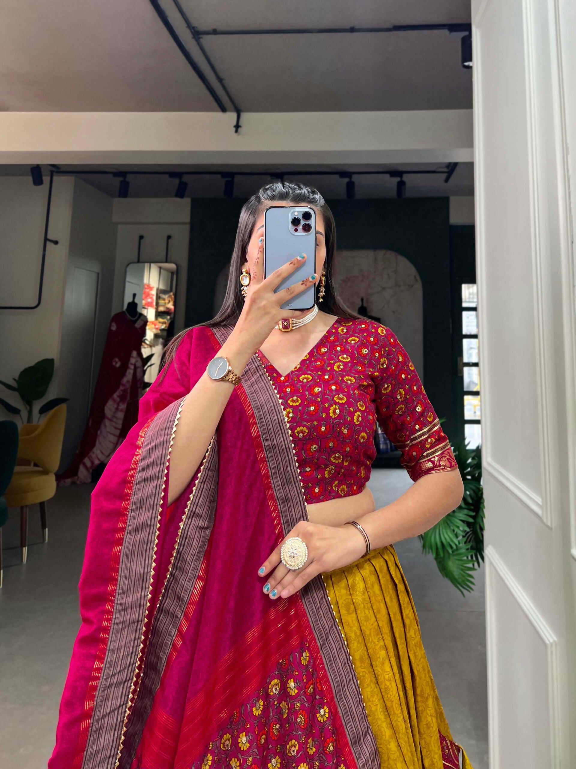 Vastranavya Kashmiri Print With Foil Print Lehenga with Unstitched Printed Blouse - Mustard - Distacart