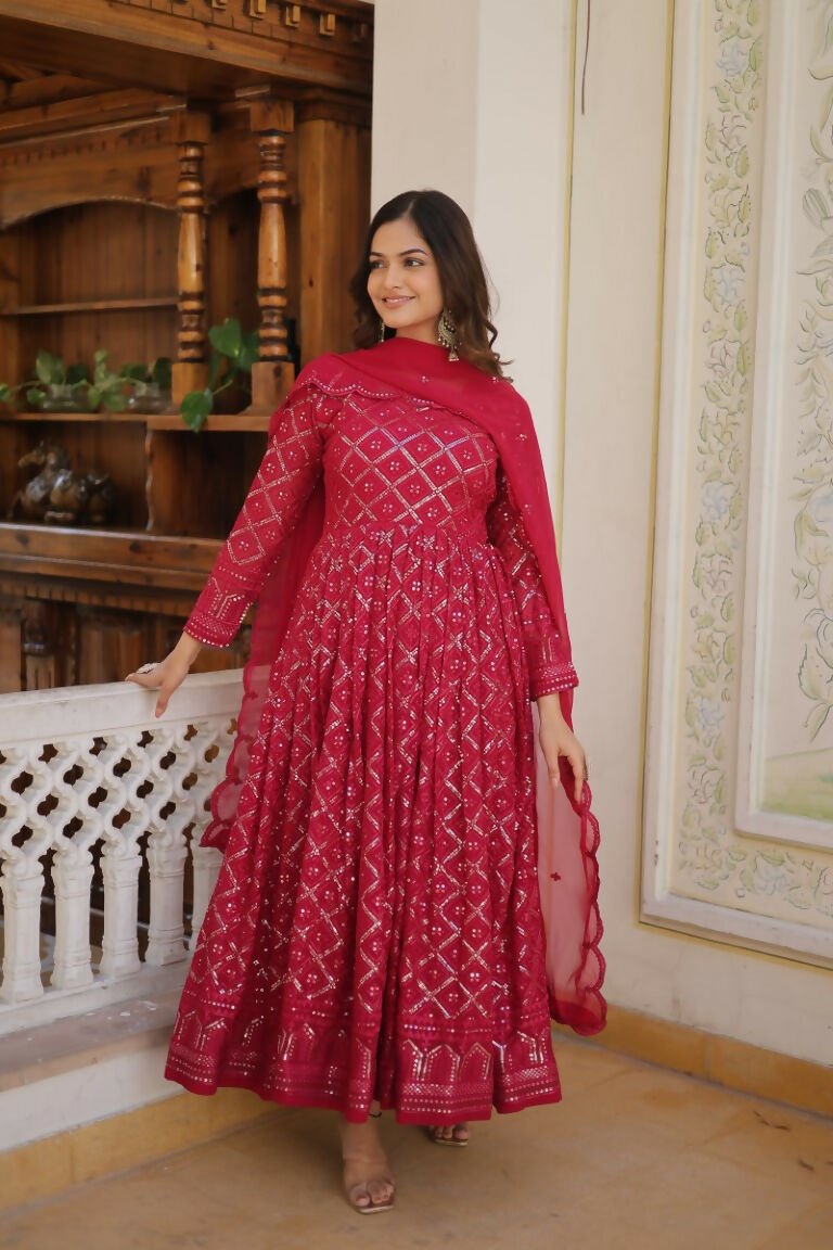 Aastha Fashion Women's Rani Pink Faux Georgette Sequins Embroidered Anarkali Dress with Dupatta - Distacart
