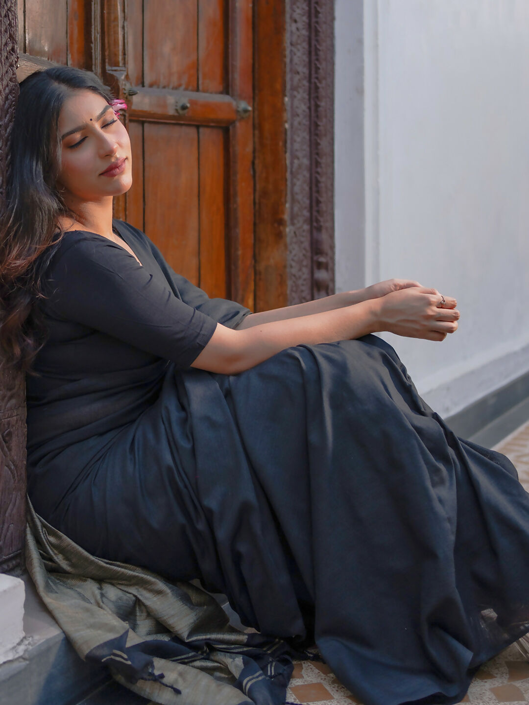 Zibaa Black & Gold Mul Cotton Saree